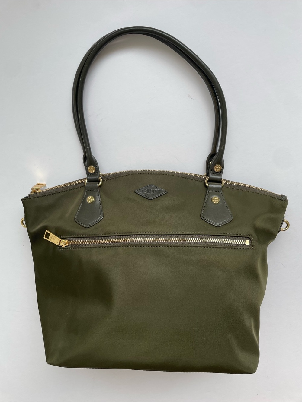 MZ Wallace Chelsea Zippered Tote Bag Olive Green Bedford Nylon Leather Trim, EUC